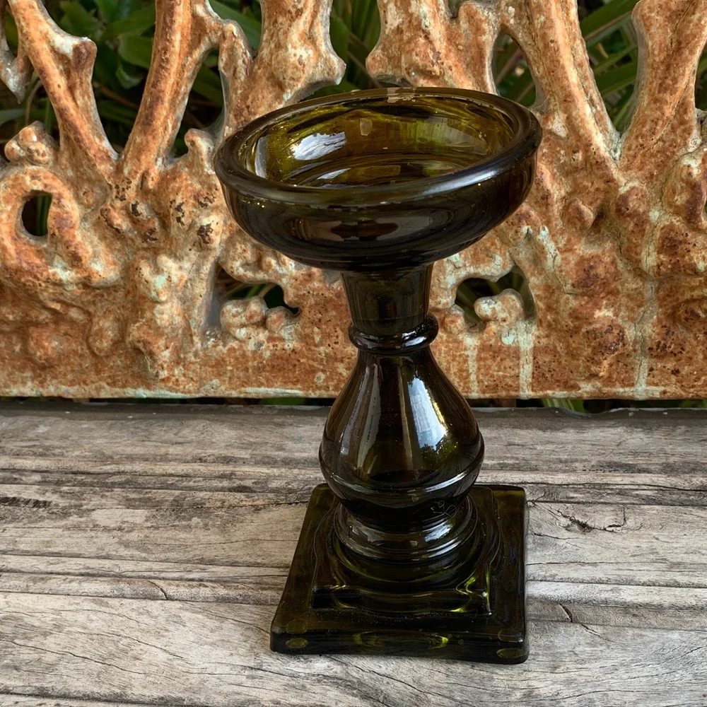 Vintage Smoky Green Glass Pedestal Candle Holder - Picture 11 of 11